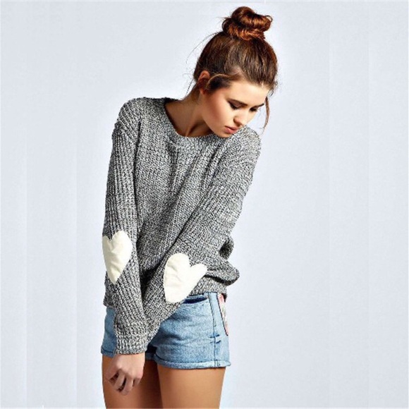 Sweaters - Gray Knitted Sweater with White Heart Patch Sleeve
